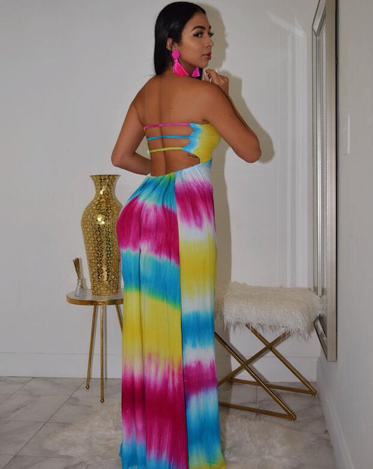 Strapless Tie Dye Hollow Out Maxi Dress