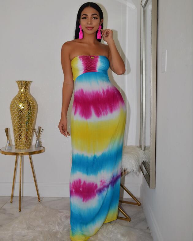 Strapless Tie Dye Hollow Out Maxi Dress