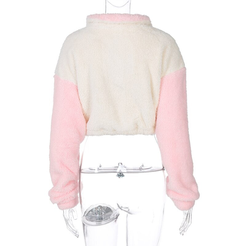 Long Sleeve Zip Up Patchwork Fuzzy Pullover