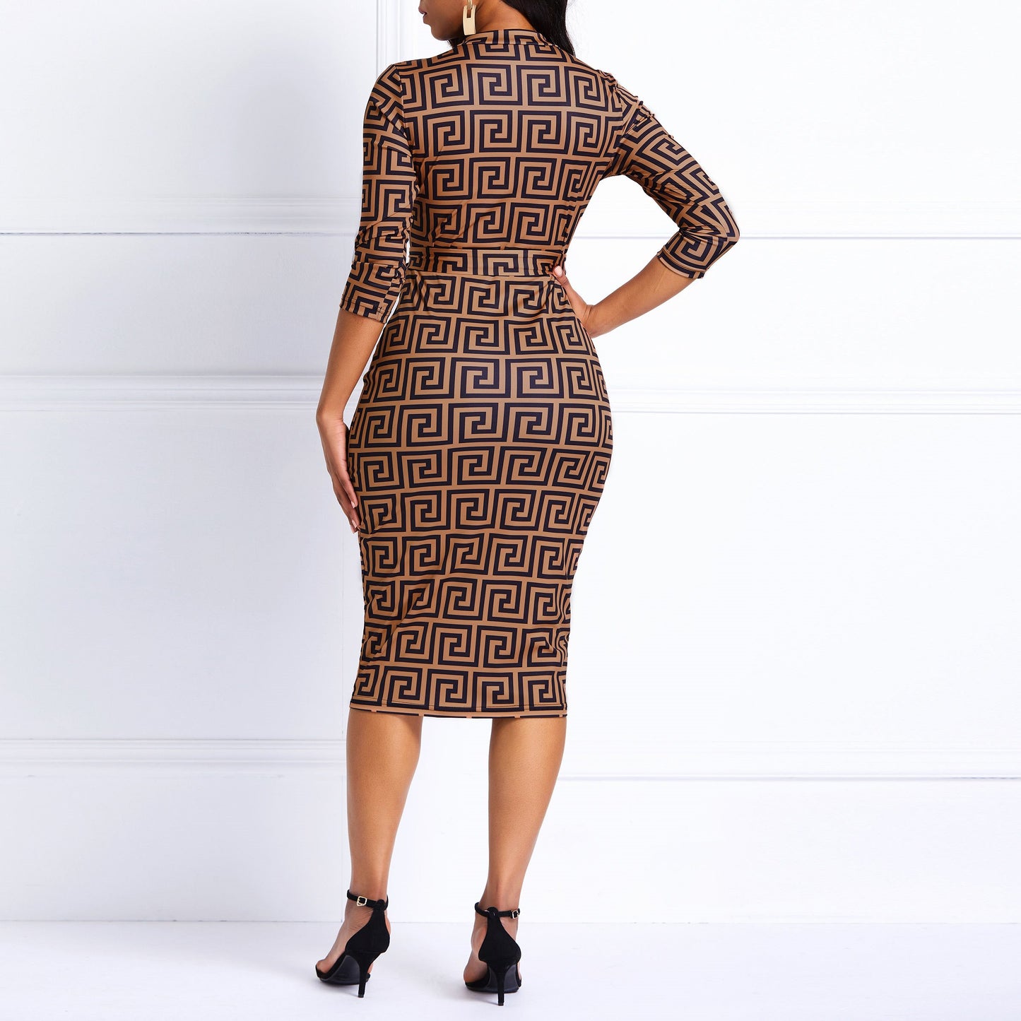 Luxury Brown V Neck High Waist Print Dress