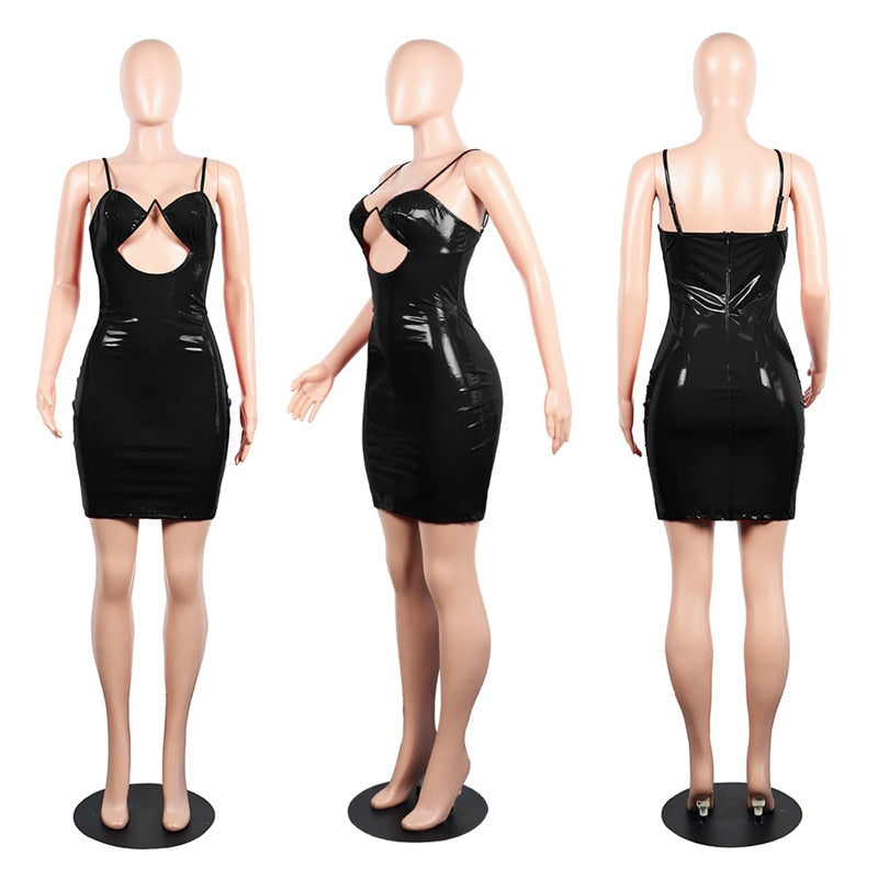 Hollow Out PU Leather Bodycon Mini Dress