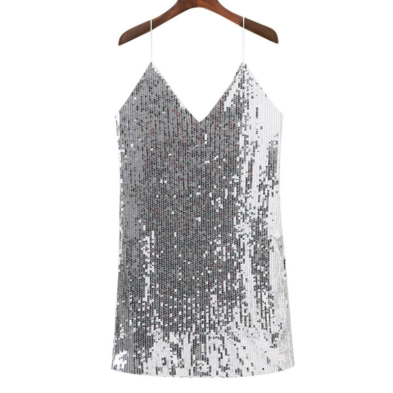 Deep V Neck Sequined Backless Dress