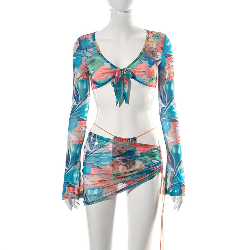 Floral Printed Mesh Top and Skirt Bikini Set